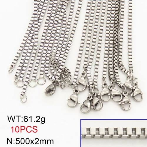304 Stainless Steel Necklace Making,Box Chain,Square ,True Color,2x500mm,about 61.2g/package,10 pcs/package,6N20706aija-474