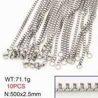 304 Stainless Steel Necklace Making,Box Chain,Square ,True Color,2.5x500mm,about 71.1g/package,10 pcs/package,6N20707vila-474