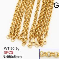 304 Stainless Steel Necklace Making,Unwelded Rolo Chains,Vacuum Plating Gold,5x450mm,about 80.3g/package,5 pcs/package,6N20716vhnl-474