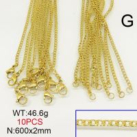 304 Stainless Steel Necklace Making,Unwelded Cuban Chains,Vacuum Plating Gold,2x600mm,about 46.6g/package,10 pcs/package,6N20844aiov-389