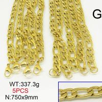 304 Stainless Steel Necklace,Unwelded with Spool Figaro Twisted Chain ,Vacuum Plating Gold,9x750mm,about 337.3g/package,5 pcs/package,6N20846amaa-389