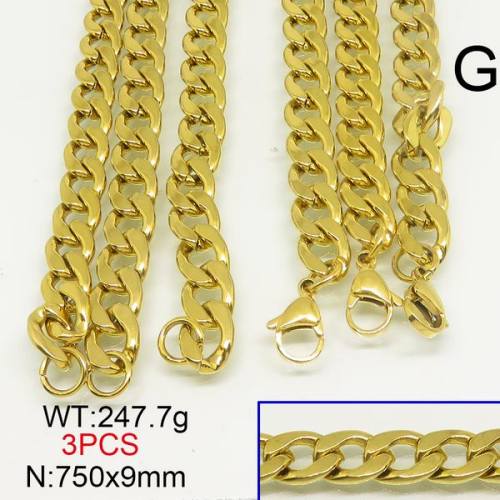 304 Stainless Steel Necklace,Cuban Chain,Vacuum Plating Gold,9x750mm,about 247.7g/package,3 pcs/package,6N20847amaa-389