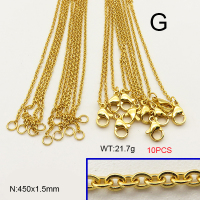 304 Stainless Steel Necklace Making,Cable Chains,Vacuum Plating Gold,1.5x500mm,about 21.7g/package,10 pcs/package,6N21103vhkb-476