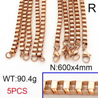 304 Stainless Steel Necklace Making,Box Chain,Square,Vacuum Plating Rose Gold,4x600mm,about 90.4g/package,5 pcs/package,6N21243bjja-452