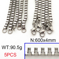 304 Stainless Steel Necklace Making,Box Chain,Square,True Color,4x600mm,about 90.5g/package,5 pcs/package,6N21245ahlv-452