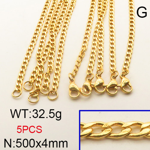 304 Stainless Steel Necklace,Cuban Chain,Twisted Curb Chains,Vacuum Plating Gold,4x500mm,about 32.5g/package,5 pcs/package,6N2001722aivb-354