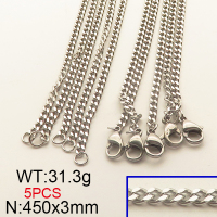 304 Stainless Steel Necklace,Cuban Chain,Twisted Curb Chains,True Color,3x450mm,about 31.3g/package,5 pcs/package,6N2001723ahlv-354