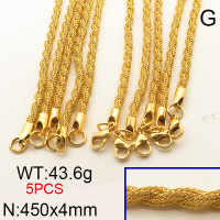 304 Stainless Steel Necklace,Rope Chains,with Spool,Vacuum Plating Gold,4x450mm,about 43.6g/package,5 pcs/package,6N2001725ajlv-354