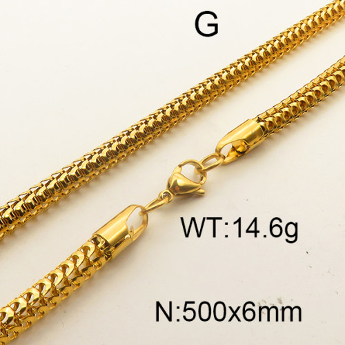 304 Stainless Steel Necklace,Foxtail Wheat Chain,Vacuum Plating Gold,6x500mm,about 14.6g/package,1 pc/package,6N2001726vbnb-354