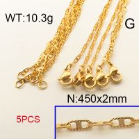 304 Stainless Steel Necklace, Mariner link chains,Textured,Vacuum Plating Gold,2x450mm,about 10.3g/package,5 pcs/package,6N2001728aivb-354