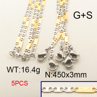 304 Stainless Steel Necklace, Mariner link chains,Textured,Vacuum Plating Gold & True Color,3x450mm,about 16.4g/package,5 pcs/package,6N2001732aija-354