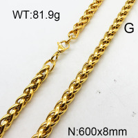 304 Stainless Steel Necklace,Foxtail Wheat Chain,Vacuum Plating Gold,8x600mm,about 81.9g/package,1 pc/package,6N2001812ahjb-237