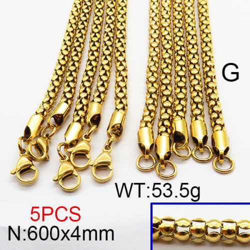 304 Stainless Steel Necklace,Popcorn Chains,Unwelded,Vacuum Plating Gold,4x600mm,about 53.5g/package,5 pcs/package,6N2002117vila-354