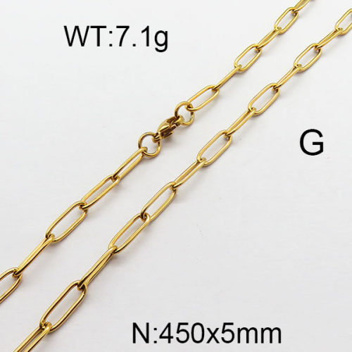 304 Stainless Steel Necklace,Paperclip Chains,Drawn Elongated Cable Chains,Vacuum Plating Gold,5x450mm,about 7.1g/package,1 pc/package,6N2002132vbmb-354