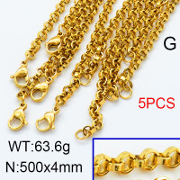 304 Stainless Steel Necklace,Rolo Chains,Vacuum Plating Gold,4x500mm,about 63.6g/package,5 pcs/package,6N2002158ajvb-354