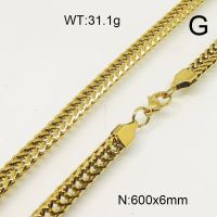 304 Stainless Steel Necklace,Foxtail Wheat Chain,Vacuum Plating Gold,6x600mm,about 31.1g/package,1 pc/package,6N20748bhva-697