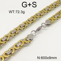 304 Stainless Steel Necklace,Byzantine Chains,Vacuum Plating Gold & True Color,9x600mm,about 72.3g/package,1 pc/package,6N20780vhmv-697