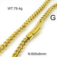 304 Stainless Steel Necklace,Foxtail Wheat Chain,Vacuum Plating Gold,6x600mm,about 79.4g/package,1 pc/package,6N20789vkla-397