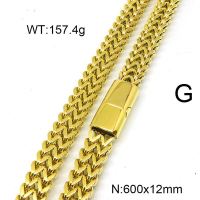 304 Stainless Steel Necklace,Foxtail Wheat Chain,Vacuum Plating Gold,12x600mm,about 157.4g/package,1 pc/package,6N20809vkla-397