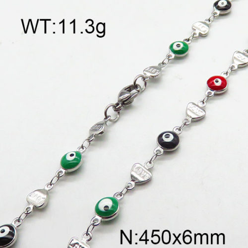 304 Stainless Steel Necklace,Enamel Chains,Soldered,Heart and Oval Evil Eye,True Color,6x450mm,about 11.3g/package,1 pc/package,6N3000866vbnb-368