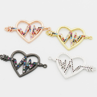 Brass Cubic Zirconia Links Connectors,Heart with Electrocardiogram,Long-lasting plated,Random mixed color,31x18mm,Hole:1mm,about 2g/pc,5 pcs/package,XFCO00824aakl-L002