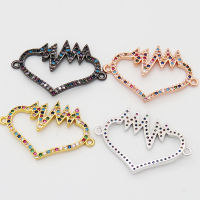 Brass Cubic Zirconia Links Connectors,Heart with Electrocardiogram,Long-lasting plated,Random mixed color,28x19mm,Hole:1mm,about 1g/pc,5 pcs/package,XFCO00829aakl-L002