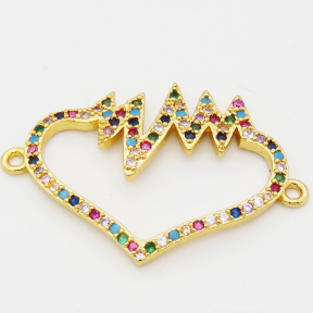 Brass Cubic Zirconia Links Connectors,Heart with Electrocardiogram,Long-lasting plated,Random mixed color,28x19mm,Hole:1mm,about 1g/pc,5 pcs/package,XFCO00829aakl-L002