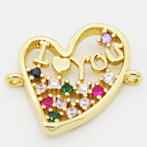 Brass Cubic Zirconia Links Connectors,Heart with I love you,Long-lasting plated,Random mixed color,17x18mm,Hole:1mm,about 1g/pc,5 pcs/package,XFCO00834aajl-L002
