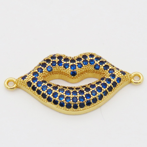 Brass Cubic Zirconia Links Connectors,Lips,Long-lasting plated,Random mixed color,28x13mm,Hole:1mm,about 2.5g/pc,5 pcs/package,XFCO00844vbll-L002