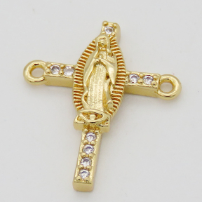 Brass Cubic Zirconia Links Connectors,Cross with Jesus,For Easter,Long-lasting plated,Random mixed color,14x17mm,Hole:1mm,about 1g/pc,5 pcs/package,XFCO00899aajl-L002