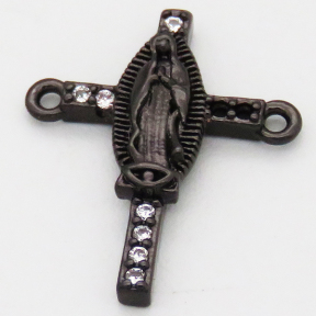 Brass Cubic Zirconia Links Connectors,Cross with Jesus,For Easter,Long-lasting plated,Random mixed color,14x17mm,Hole:1mm,about 1g/pc,5 pcs/package,XFCO00899aajl-L002