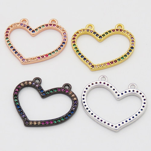 Brass Cubic Zirconia Links Connectors,Heart,Long-lasting plated,Random mixed color,17x20mm,Hole:1mm,about 1g/pc,5 pcs/package,XFCO00923baka-L002