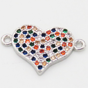 Brass Cubic Zirconia Links Connectors,Heart,Long-lasting plated,Random mixed color,19x12mm,Hole:1.5mm,about 1.5g/pc,5 pcs/package,XFCO00932baka-L002