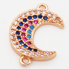 Brass Cubic Zirconia Links Connectors,Moon,Long-lasting plated,Random mixed color,19x13mm,Hole:1.5mm,about 1.5g/pc,5 pcs/package,XFCO00933aajl-L002