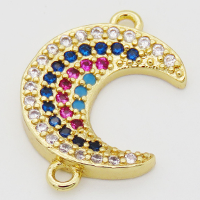 Brass Cubic Zirconia Links Connectors,Moon,Long-lasting plated,Random mixed color,19x13mm,Hole:1.5mm,about 1.5g/pc,5 pcs/package,XFCO00933aajl-L002