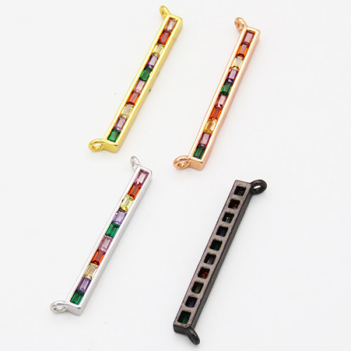 Brass Cubic Zirconia Links Connectors,Strip,Long-lasting plated,Random mixed color,30x4mm,Hole:1mm,about 1g/pc,5 pcs/package,XFCO00953ablb-L002