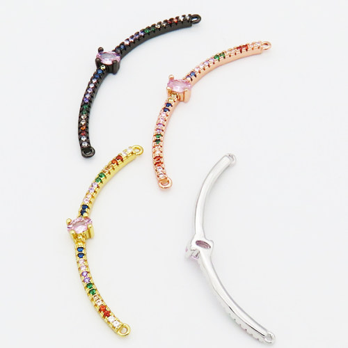 Brass Cubic Zirconia Links Connectors,Curve,Long-lasting plated,Random mixed color,43x5mm,Hole:1mm,about 1.5g/pc,5 pcs/package,XFCO00973ablb-L002