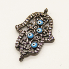 Brass Micro Pave Cubic Zirconia Links,with Enamel,Hamsa Hand/Hand of Fatima/Hand of Miriam,with Devil's Eye,Random Mixed Color,21x17mm,Hole:1mm,about 1.60g/pc,5 pcs/package,XFCO01052aakl-L002