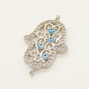Brass Micro Pave Cubic Zirconia Links,with Enamel,Hamsa Hand/Hand of Fatima/Hand of Miriam,with Devil's Eye,Random Mixed Color,21x17mm,Hole:1mm,about 1.60g/pc,5 pcs/package,XFCO01052aakl-L002
