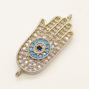 Brass Micro Pave Cubic Zirconia Links,Hamsa Hand/Hand of Fatima/Hand of Miriam,with Devil's Eye,Random Mixed Color,21x11mm,Hole:1mm,about 1.96g/pc,5 pcs/package,XFCO01055aakl-L002