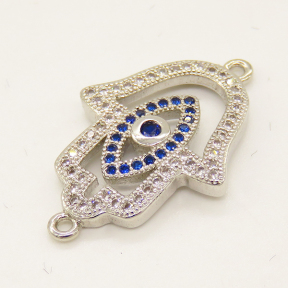 Brass Micro Pave Cubic Zirconia Links,Hamsa Hand/Hand of Fatima/Hand of Miriam,with Devil's Eye,Random Mixed Color,22x18mm,Hole:2mm,about 2.20g/pc,5 pcs/package,XFCO01068aajl-L002