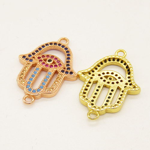 Brass Micro Pave Cubic Zirconia Links,Hamsa Hand/Hand of Fatima/Hand of Miriam,with Devil's Eye,Random Mixed Color,22x18mm,Hole:1.5mm,about 1.86g/pc,5 pcs/package,XFCO01076aakl-L002