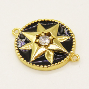 Brass Enamel Links Connectors,with Cubic Zirconia,Flat Round,Eight Awn Star,Random Mixed Color,18mm,Hole:1.2mm,about 3.85g/pc,5 pcs/package,XFCO01093aajl-L002