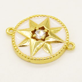Brass Enamel Links Connectors,with Cubic Zirconia,Flat Round,Eight Awn Star,Random Mixed Color,18mm,Hole:1.2mm,about 3.85g/pc,5 pcs/package,XFCO01093aajl-L002
