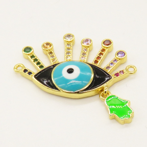 Brass Enamel Links Connectors,with Cubic Zirconia,Devil's Eye,with Hamsa Hand/Hand of Fatima/Hand of Miriam,Random Mixed Color,28x18mm,Hole:1mm,about 2.97g/pc,5 pcs/package,XFCO01113vbmb-L002