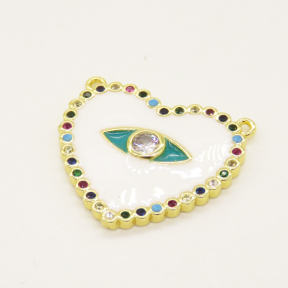 Brass Enamel Links Connectors,with Cubic Zirconia,Devil's Eye,Heart,Random Mixed Color,24x21mm,Hole:1mm,about 2.96g/pc,5 pcs/package,XFCO01121ablb-L002