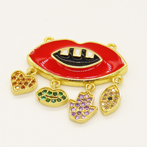 Brass Enamel Links Connectors,with Cubic Zirconia,Lips,with Heart,and Hamsa Hand,and Devil's Eye,Golden,22x12mm,Hole:1mm,about 3.16g/pc,5 pcs/package,XFCO01129vbmb-L002