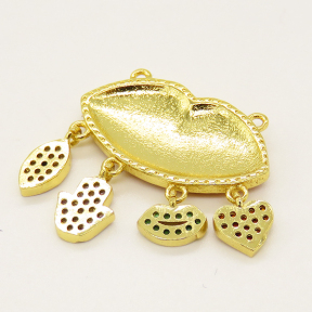 Brass Enamel Links Connectors,with Cubic Zirconia,Lips,with Heart,and Hamsa Hand,and Devil's Eye,Golden,22x12mm,Hole:1mm,about 3.16g/pc,5 pcs/package,XFCO01129vbmb-L002