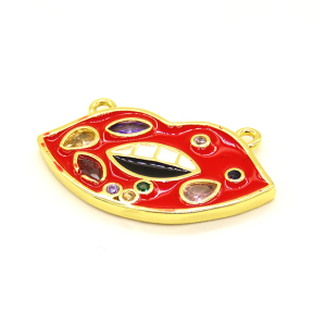 Brass Enamel Links Connectors,with Cubic Zirconia,Lips,Random Mixed Color,28x15mm,Hole:1.5mm,about 3.71g/pc,5 pcs/package,XFCO01184ablb-L002