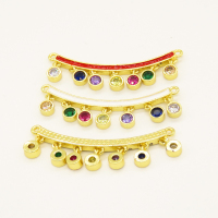 Brass Enamel Links Connectors,with Cubic Zirconia,Bend,with Small Flat Round,Random Mixed Color,32x2mm,Hole:1mm,about 2.39g/pc,5 pcs/package,XFCO01188vbll-L002